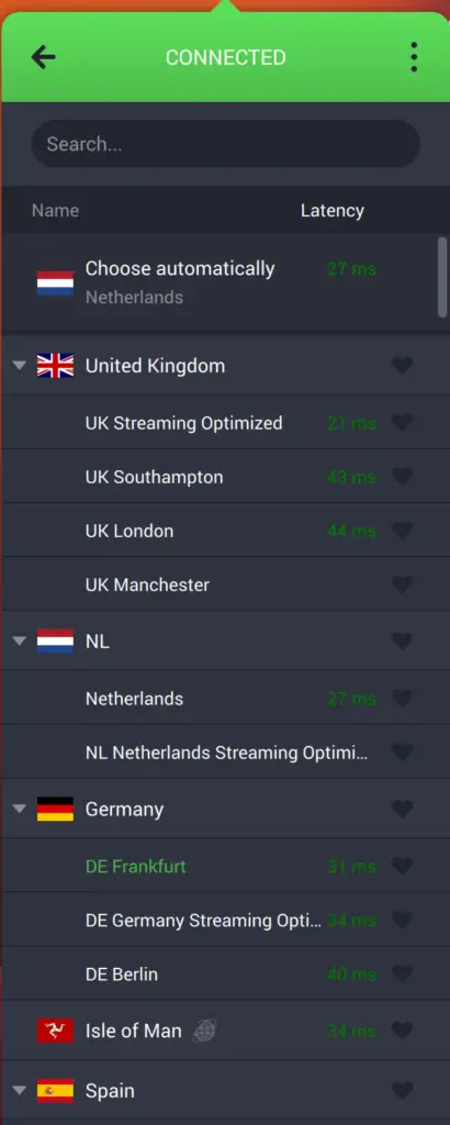 private internet access sever screen